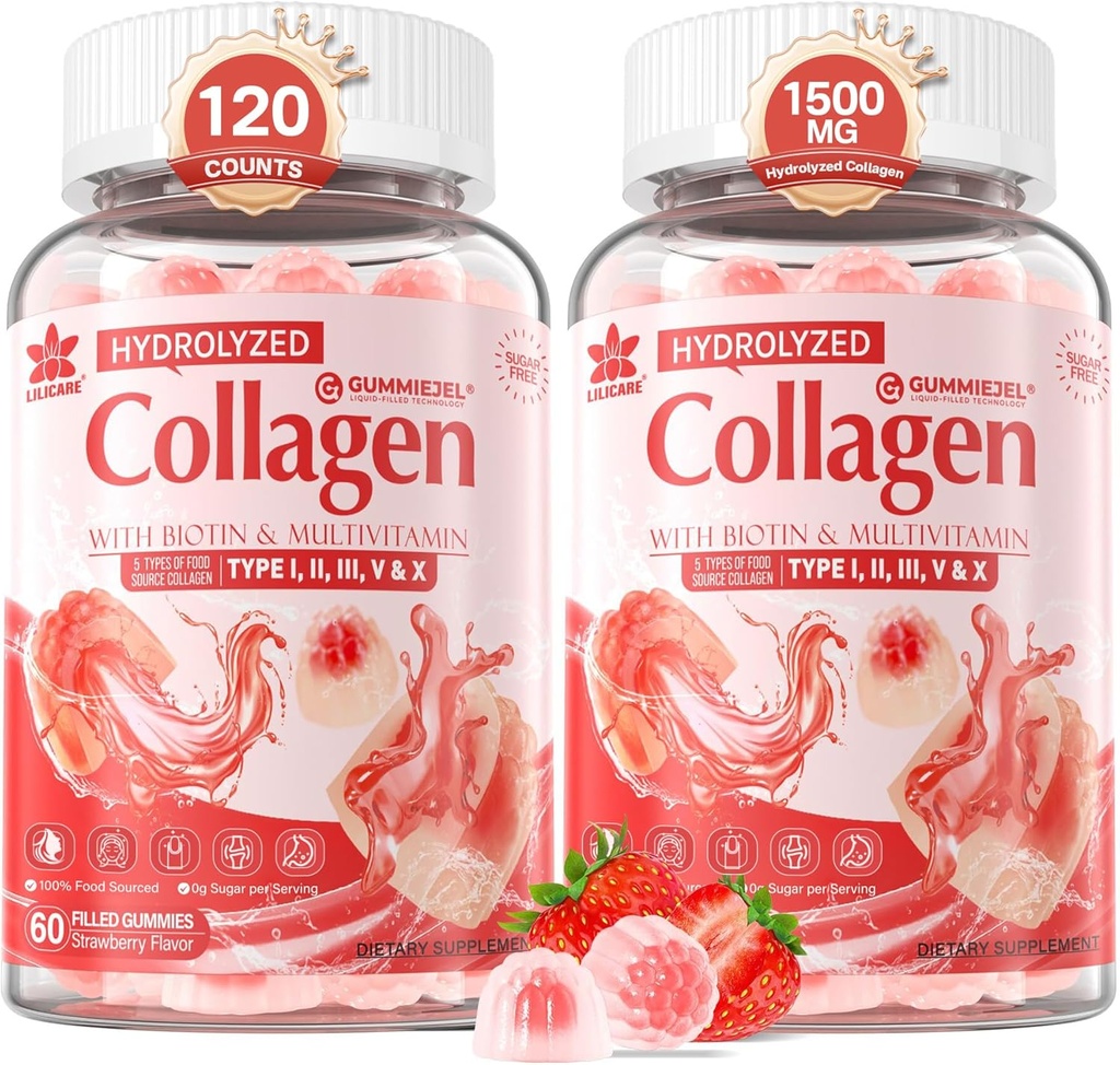 2Pack sin azúcar hidrolizado Collagen Peptide Mangas llenas para hombres de mujeres, con 1500 mg Proteína tipo I,II,III,V,X, 5000mcg Biotina Vitamina C A E D3 B6 B12 para uñas de pelo de la piel de inmune, bonificación