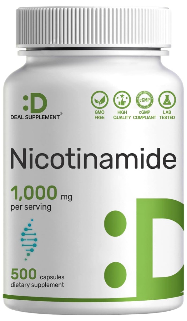 Vitamina B3 Nicotinamide 1000mg Por Serving – 500 cápsulas, Flush Free Niacin, Essential B3 – Apoya la Producción de Esquí sano y Energía – Non-GMO