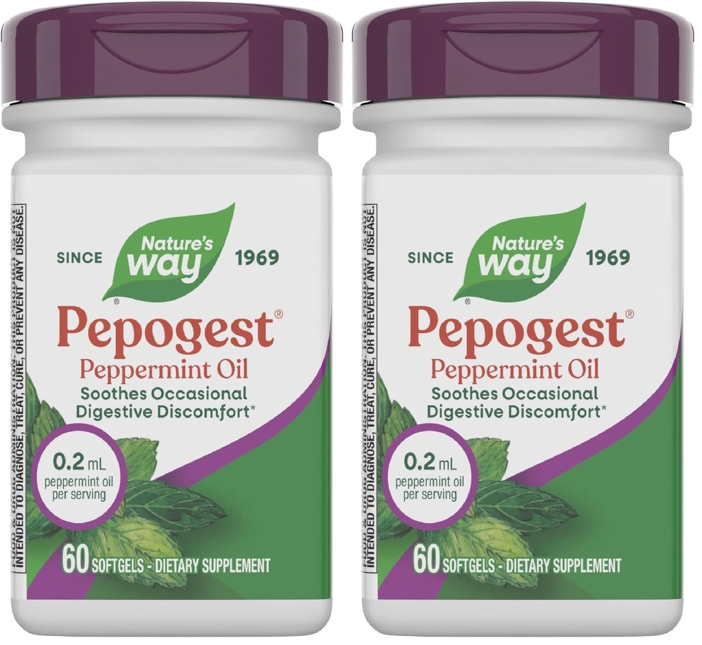 Manera Pepogest Peppermint Oil, Soothes Occasional Gastrointestinal Discomfort*, 60 Softgels (Pack of 2)