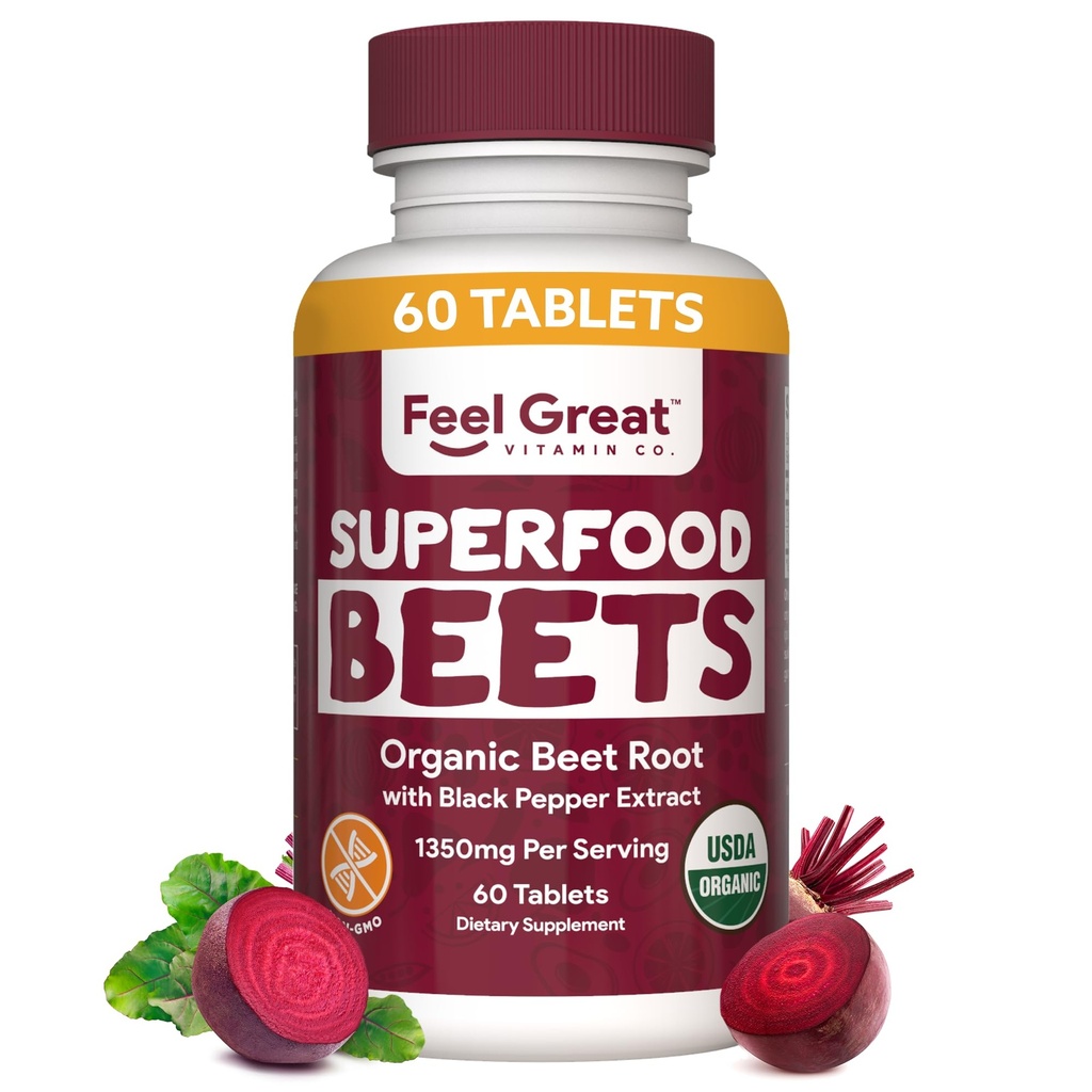 Feel Great Vitamins Organic Beet Root Powder Suplementos (Tablets) ← Beets Nitric Oxide Suplemento ← Red Beet Powder Apoyo Circulación saludable con Nitratos Naturales para la Energía Natural*