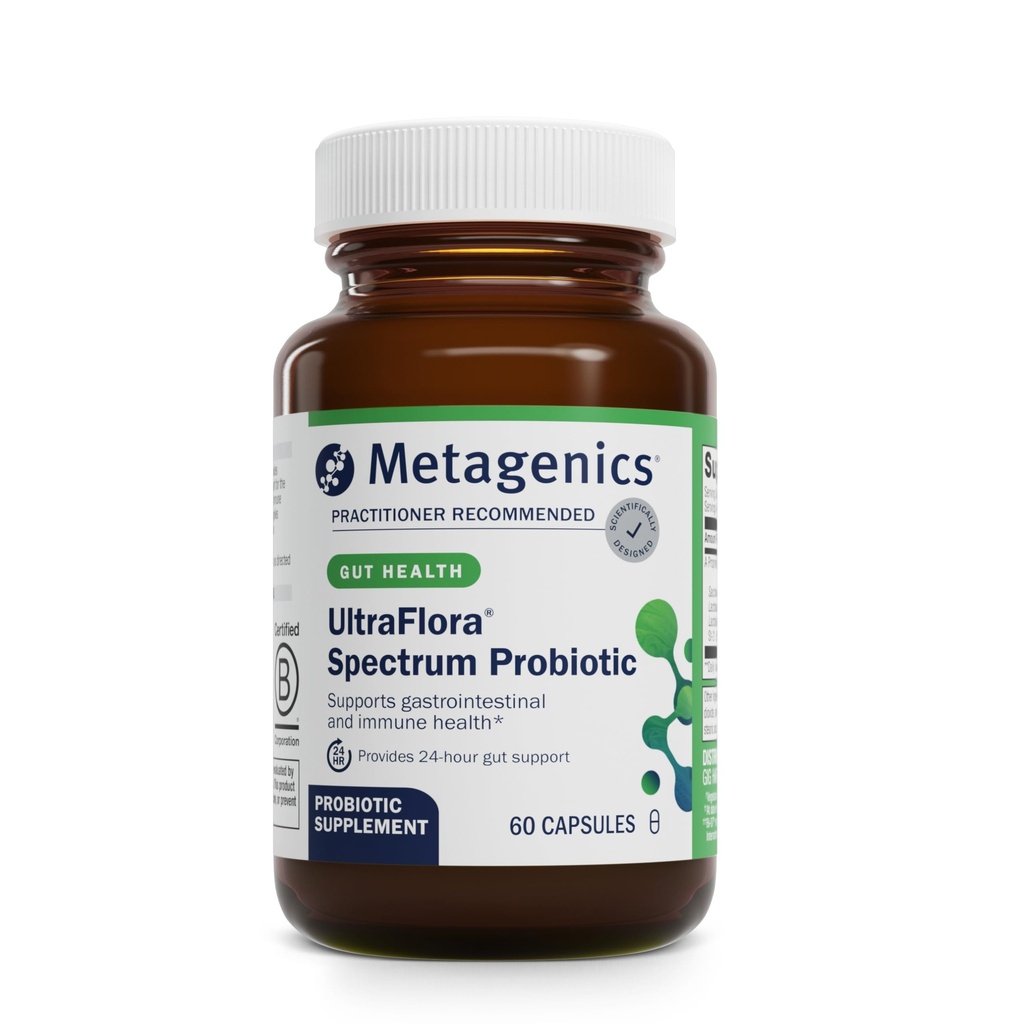 Metagenics UltraFlora Spectrum - Shelf-Stable Probiotic for Gut " Digestive Wellness, Healthy Microbiome " Flora Support* - Non-GMO " Gluten-Free - 2-Month Supply - 60 cápsulas