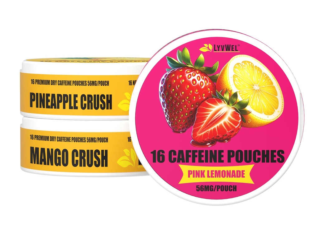 LivWel 56mg Caffeine Energy Pouches – Pink Lemonade, Pineapple Crush, Mango Crush – Fruity Clean Energy & Focus Boost with Guarana – 3-Pack Sampler (48 Total Pouches)