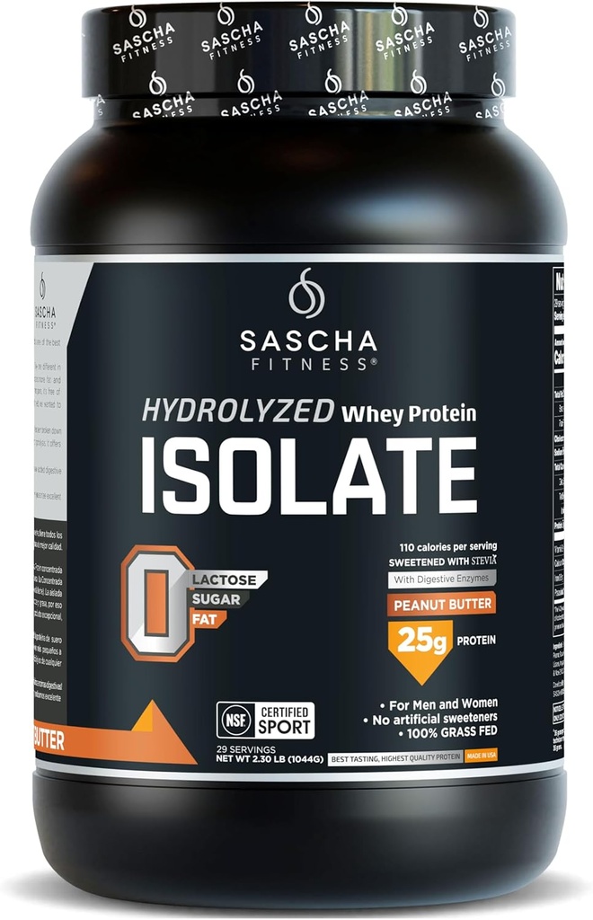 SASCHA FITNESS Hidrolyzed Whey Protein Isolate,100% Grass-Fed (2.3 libras, mantequilla de maní)