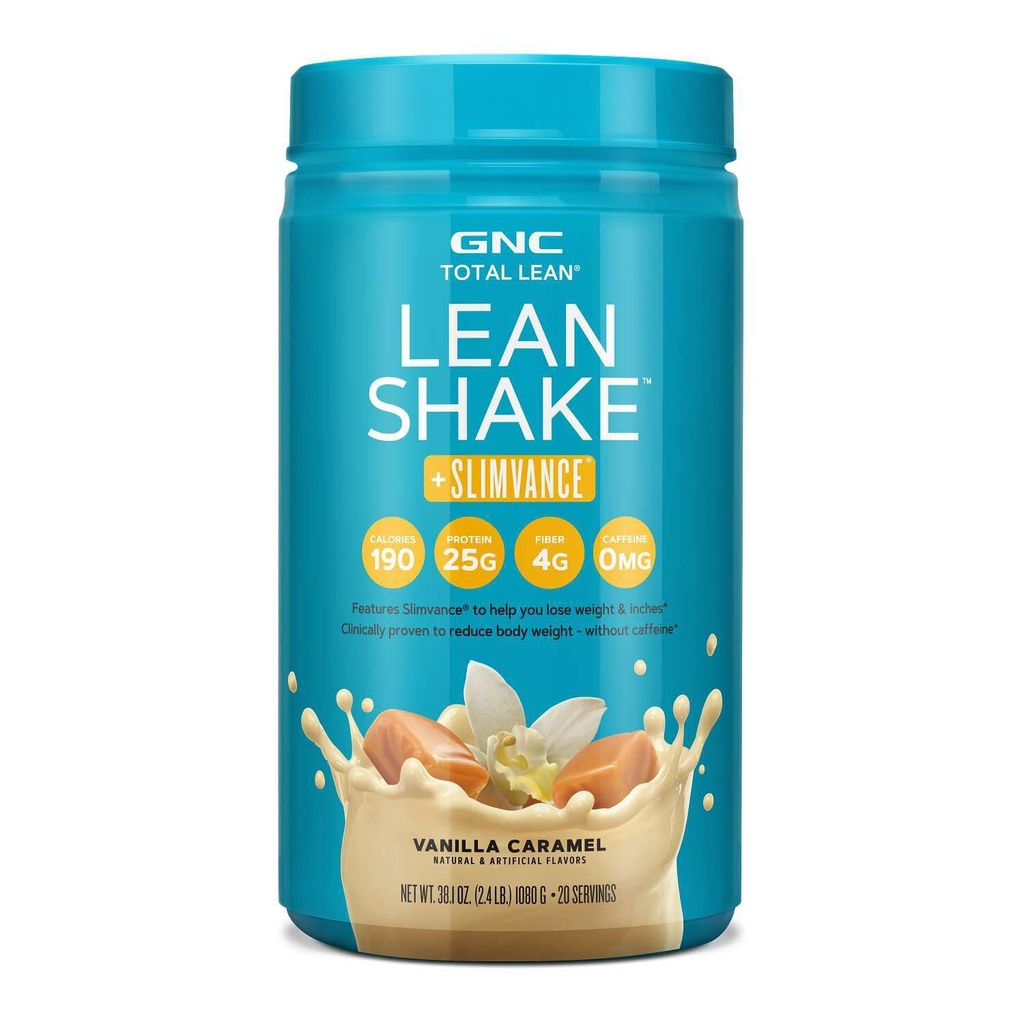 GNC Total Lean Shake + Slimvance, Caffeine Free Protein Powder, ayuda a reducir el peso corporal, Vanilla Caramel, 20 piezas