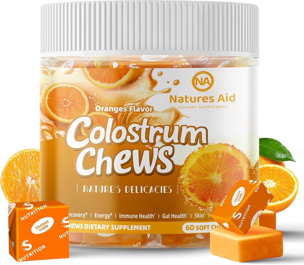 Colostrum Chews Suplemento con probióticos para Gut Health, Bloating, Immune Support, Skin, Hair Growth and Beauty - Orange Flavor (60 Servings)