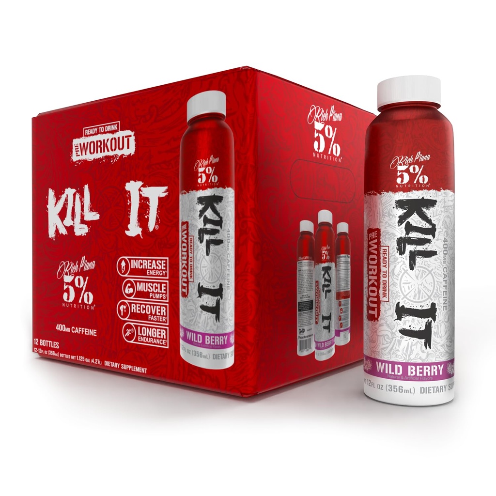 5% Nutrición Matar Está listo para beber High Stim Pre Workout ← 400mg Caffeine Energy Drink ¦ Extreme Pump, Endurance, Focus " Hydration TEN Citrulline, Beta Alanine, Taurine TEN 12 Pack (Wild Berry)