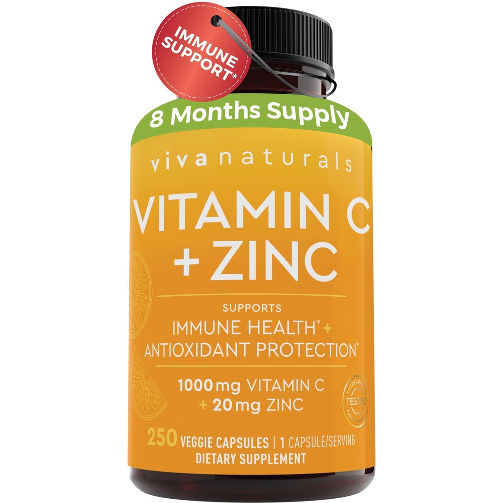 Viva Naturals Vitamina C y Zinc Suplementos 1000mg - Zinc 20mg (250 cápsulas vegetales) - Vitamina C de alta potencia con zinc para soporte inmunológico - No GMO, Gluten Free (8 meses de suministro)