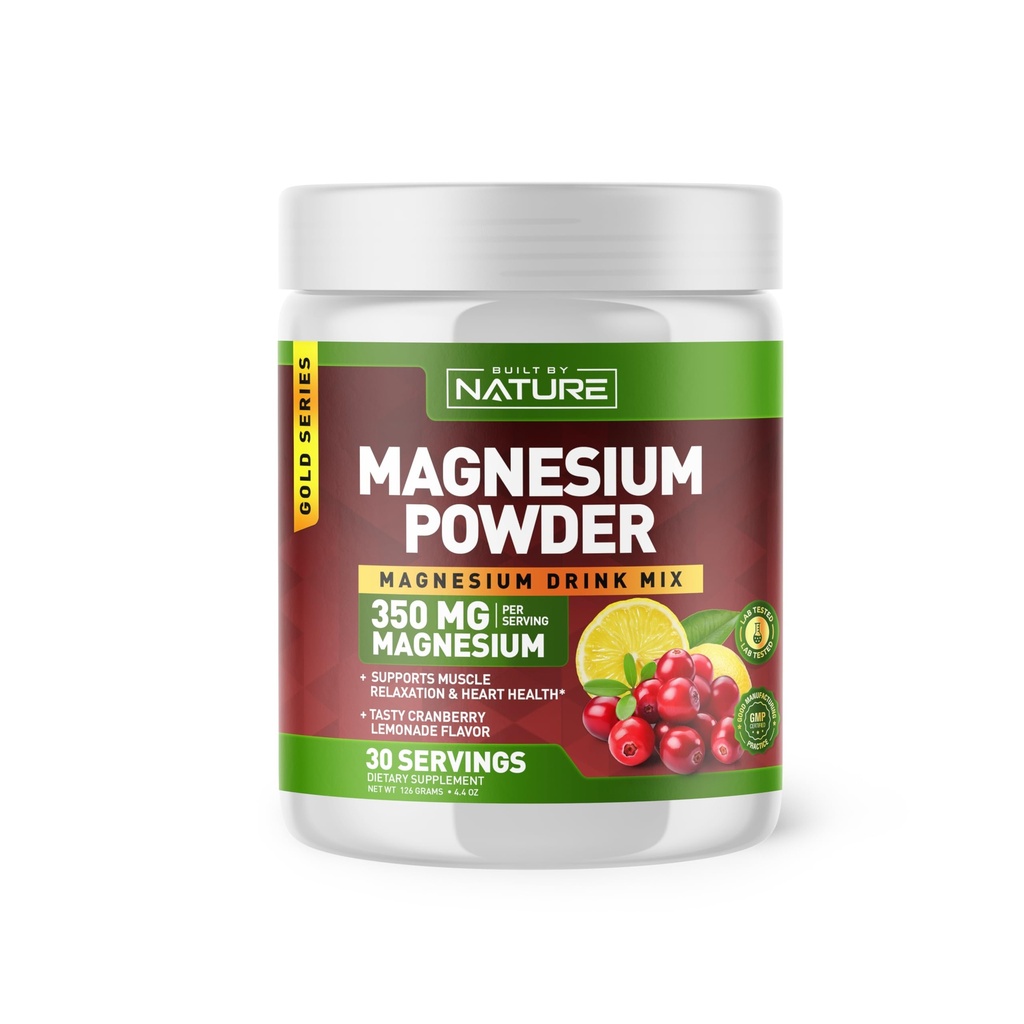 Construido por Nature Magnesium Powder - Anti-Stress Drink Mix for Calm & Regularity - Magnesium Citrate Suplemento - Relax, Muscle & Heart Support - Cranberry Lemonade Flavor - 30 Servings