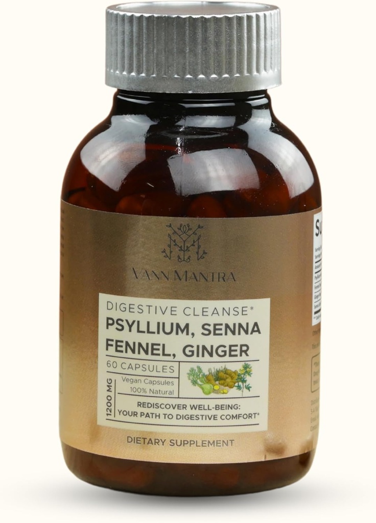 Digestive Cleanse Capsules - 1200mg Psyllium, Senna, Fennel, Ginger Extract - 60 Conde, Natural Digestive &amp; Health Support Suplemento, Gentle Bowel Movement Aid - Vegan Formula for Balanced Gut Health