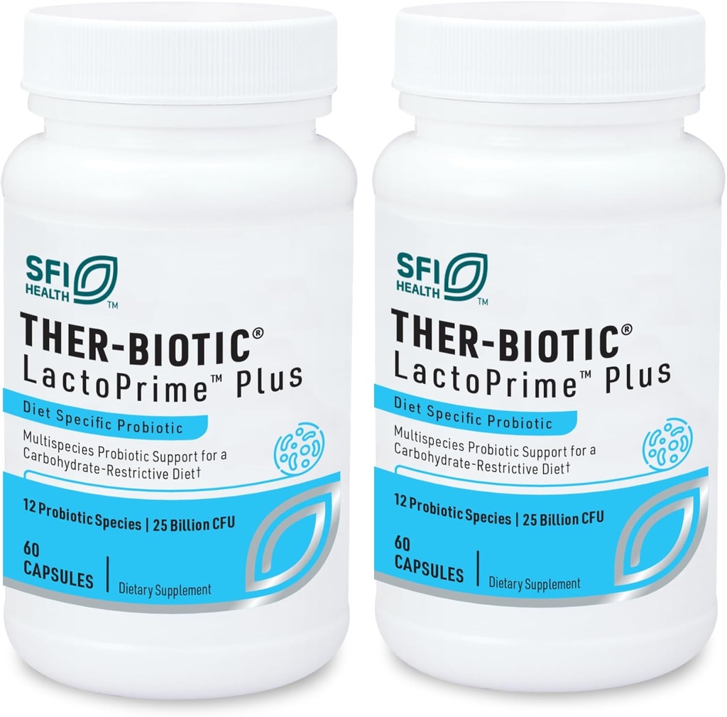 Klaire Labs SFI Health Lactoprime Plus Probiotic - 25 Billion High CFU for Carb-Sensitive Men & Women, 7 Lactobacillus y 5 Bifidobacterium Blend, FODMAP Compliant & Dairy-Free (60 Capsules, 2 Pack)