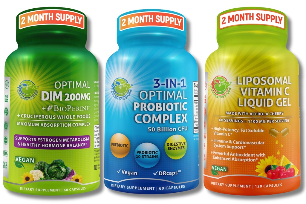 Hormonal, Digestive &amp; Immune Support Bundle - DIM 200mg con BioPerine® & cruciferous Whole Foods + Vegan 3-in-1 Probiotic 50 Billion CFU + Liposomal Vitamina C 1100mg con cereza de Acerola - No Fillers