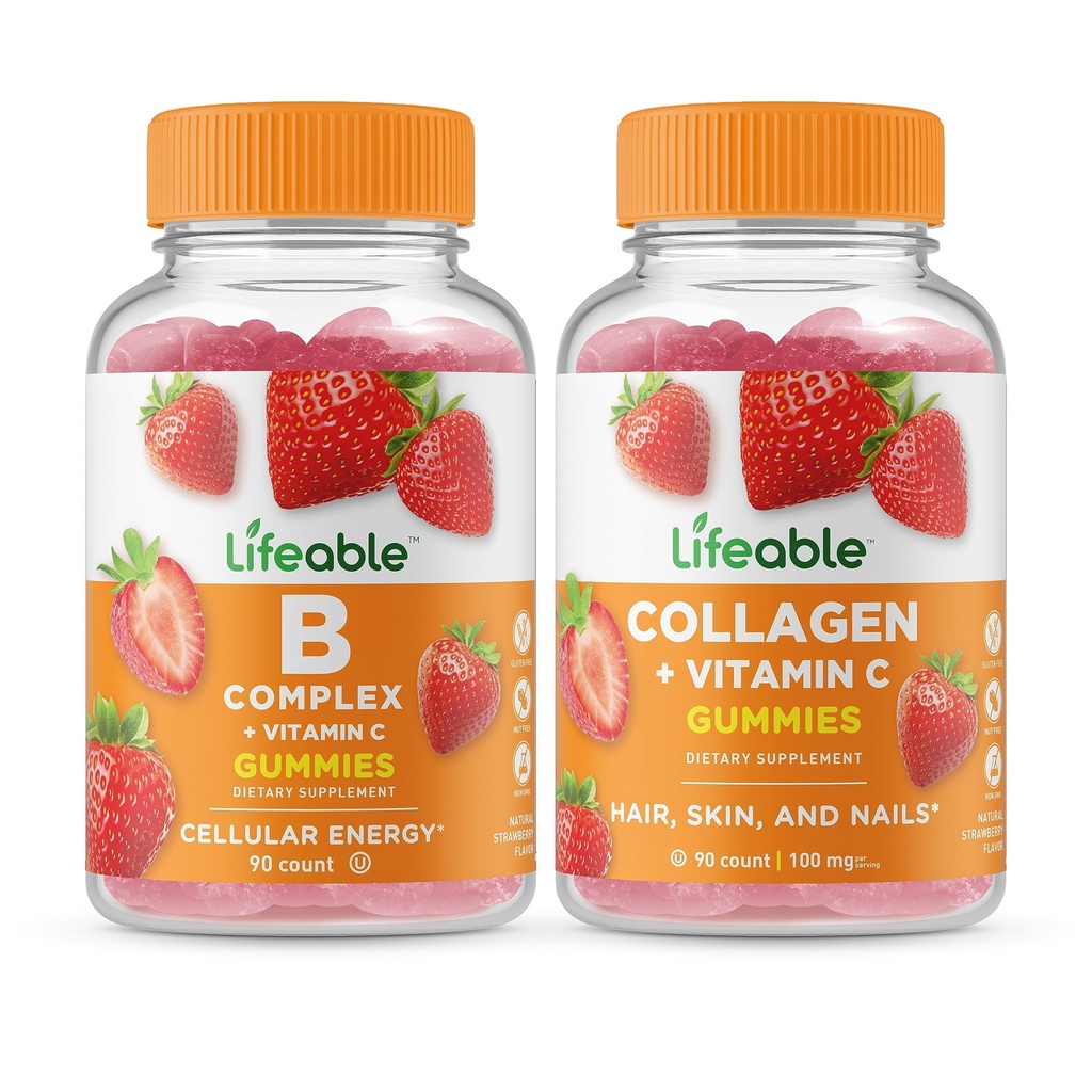Complejo B Lifeable + Collagen &amp; Vitamina C, Gummies Bundle - Gran Tasting, Suplemento de vitaminas, Gluten Free, GMO Free, Chewable Gummy