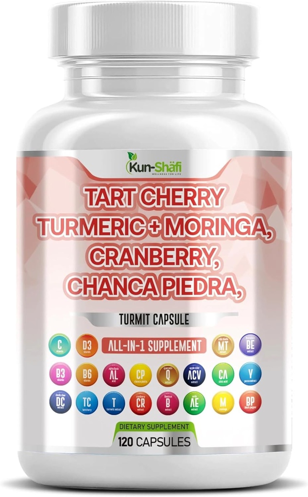 Extracto de la cereza de Tart Capsules 20,000mg con Turmeric 8000mg Moringa 4000mg Cranberry 2000mg Chanca Piedra Celery Quercetin ACV Pomegranate L Selenomethionine - Uric Levels - 120 Ct