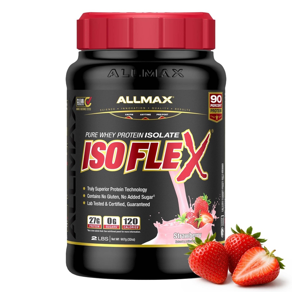 ALLMAX Nutrition ISOFLEX Whey Protein Isolate, Strawberry - 2 lb - 27 Gramos de Protein Por Scoop - Zero Fat & Sugar - 99% Lactose Gratis - Gluten Free &amp; Soy Gratis - Aproximadamente 30 Servimientos