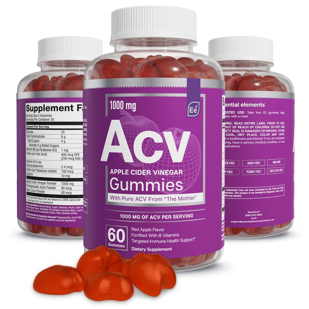 Elementos esenciales Manzana Vinagre Gummies de la Madre - 60 Cuenta (3 Pack)