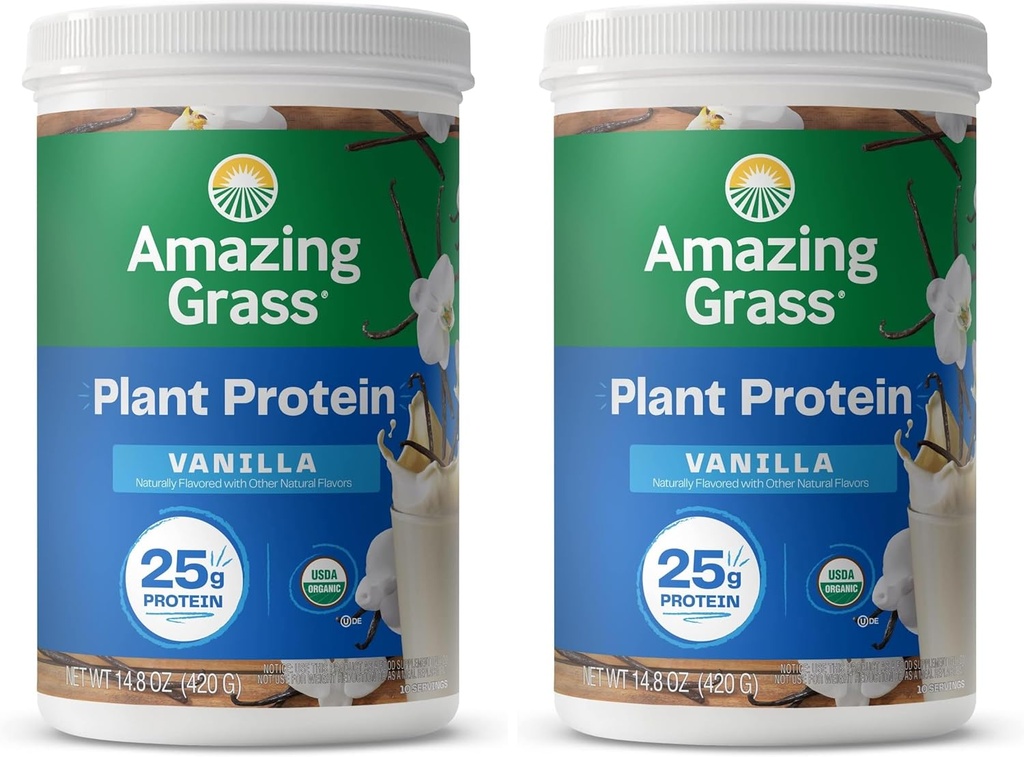 Increíble Grass Vegan Protein Powder, Blend orgánico de base vegetal con 25g de Proteína, Dairy, Gluten &amp; Soy Gratis - Creamy Vanilla (10 Servimientos) (Pack de 2)