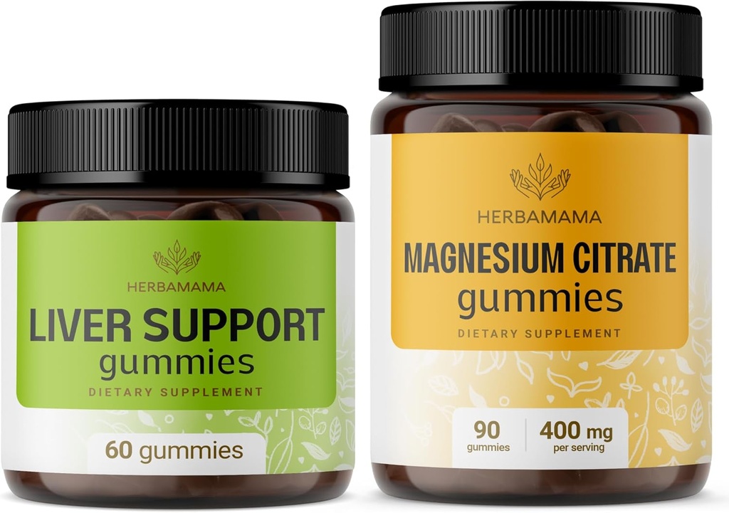 HerBAMAMA Liver Support Complex and Magnesium Kit - Bundle of Liver Support Herbal Complex &amp; 400 mg Magnesium Citrate Gummies - Vegan, Non-GMO, Gelatin-Free - 2 Pack