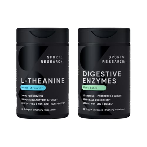 Investigación Deportiva Doble Fuerza L-Teanina Suplemento Suntheanine Softgels para Focus, Relajación y Alerta con aceite de coco 60 Conde y Enzimas Digestivos + Probióticos & Planta de jengibre 90 Conde