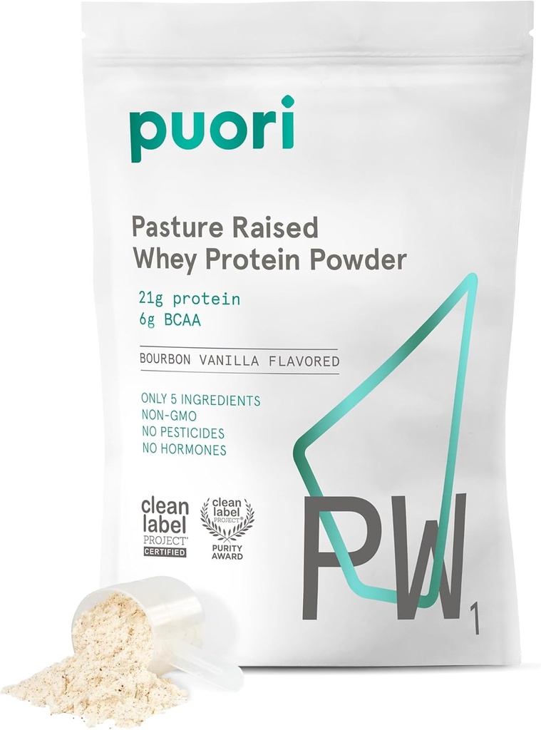 Puori Whey Protein Powder - Bourbon Vanilla - PW1 Pasture Raised, Grass ' Non-GMO - 100% natural y puro para el crecimiento muscular - 21g Protein 1.98lbs - Gluten-Free