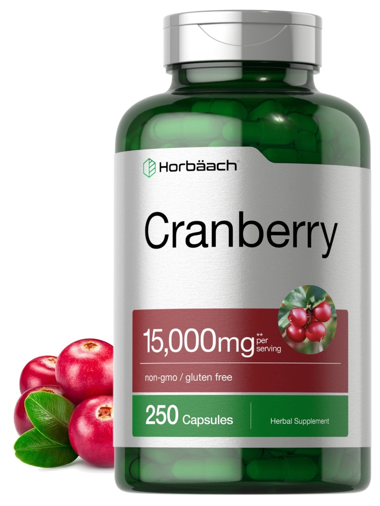 Horbäach Cranberry Pills + Vitamina C TENIDO 15,000mg ANTE 250 cápsulas ANTE No GMO y Gluten Suplemento gratuito del Extracto Concentrado