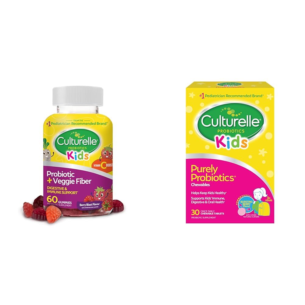 Culturelle Daily Probiotic for Kids + Veggie Fiber Gummies (Ages 3+) - 60 Cuentas " Kids Chewable Daily Probiotic for Kids, Ages 3+, 30 Cuentas