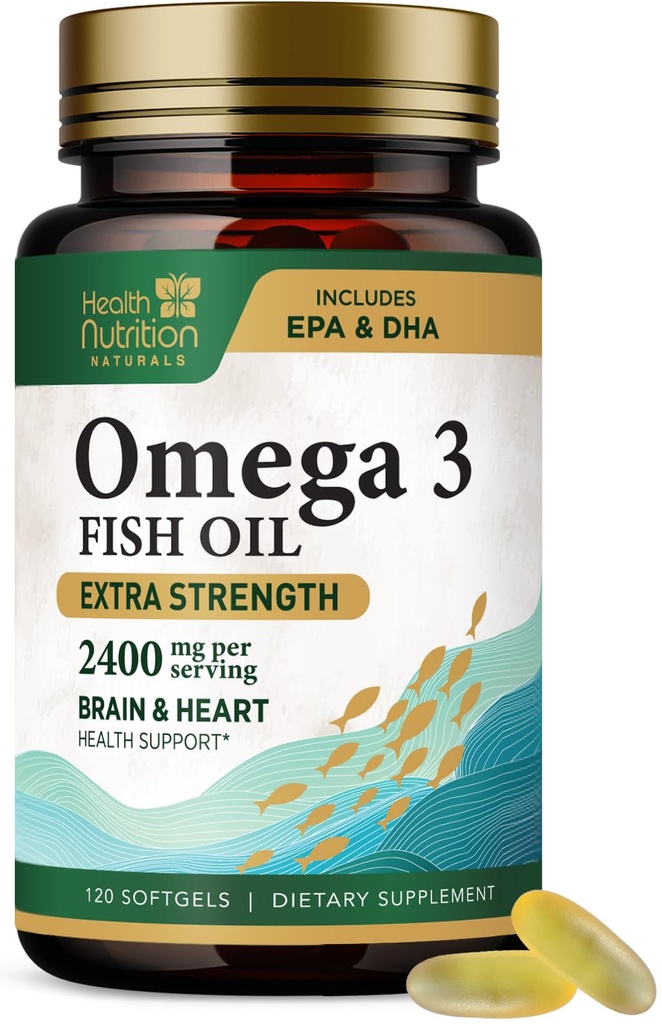 Omega 3 Fish Oil 2400 mg - Triple fuerza Omega-3 Suplementos - Natural Brain Heart Health &amp; Immune Support - Fatty Acids with EPA & DHA - Wild Caught Purified Fish Oil Suplemento - 120 Softgels