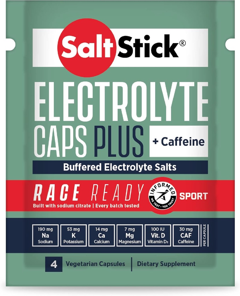 SaltStick Race Listo Electrolyte Capsules con Caffeine TEN 96 cápsulas de sal para correr, hidratación, ayuda a reducir los calambres musculares TEN 24 Packets, 4 cápsulas cada uno