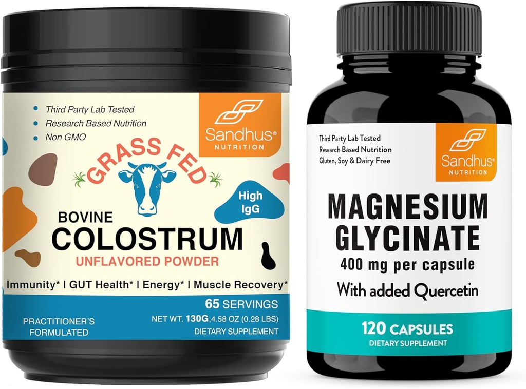 Sandhu's Colostrum Powder & Magnesium Complejo Glycinate con Quercetin Capsules ← Soporta Gut, Immune Health & Quality Duerme