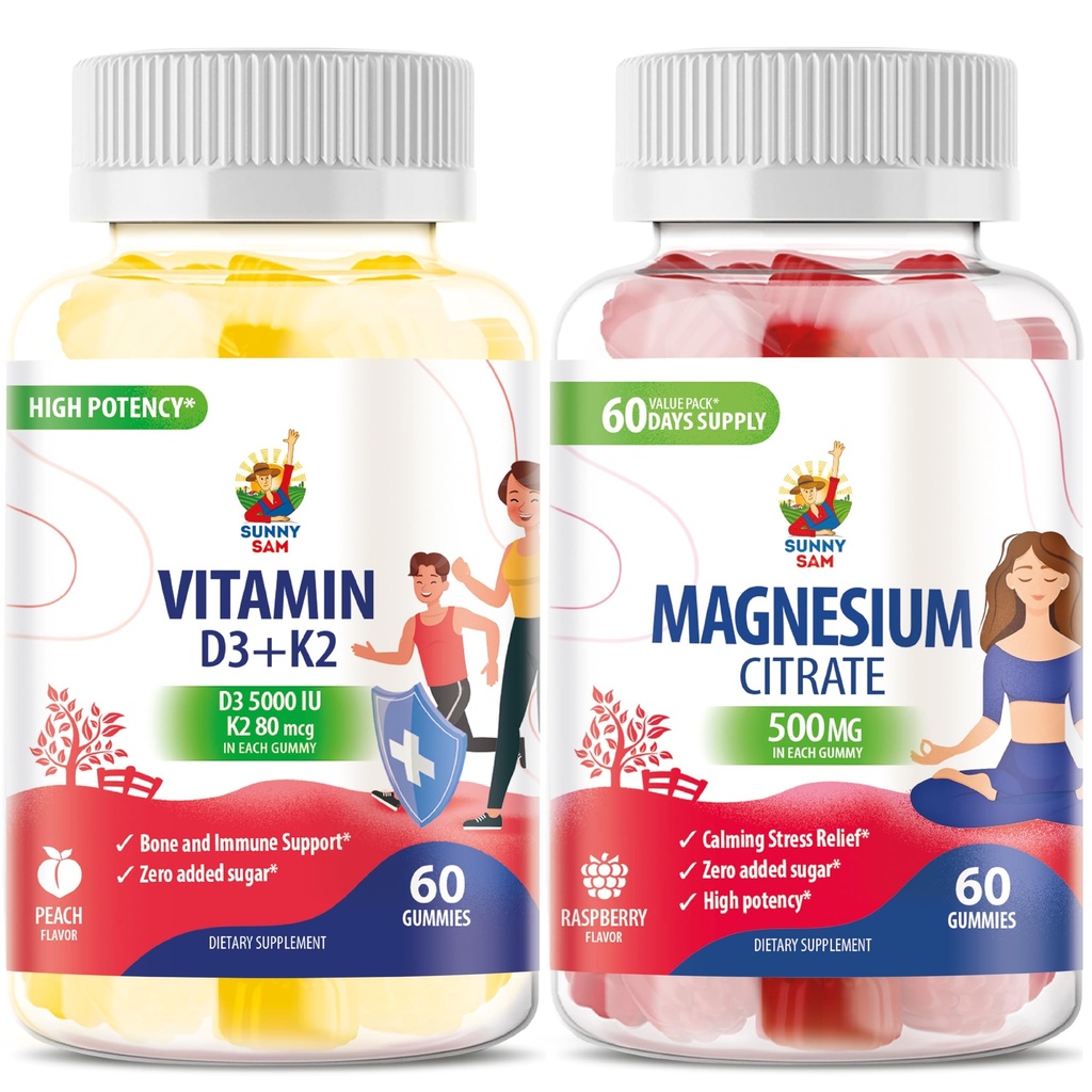 Vitamina D3 K2 Gummies 5000 UI - Immune & Bone Suppor &amp; Magnesium Gummies for Kids &amp; Adults - 500mg