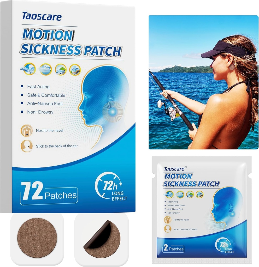 Motion Patches, Sea Sickness Patch for Cruise, Non-Drowsy, Car/Ships/Airplane/Amusement Park Trip Sick Relief, Travel Essentials for Kids and Adults (72 Conde)