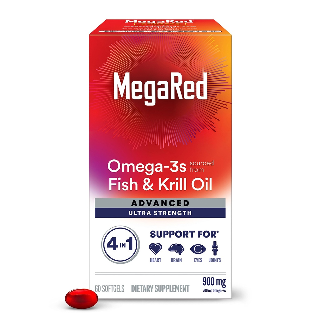 Megared Omega-3 Fish & Krill Oil Suplemento 900mg - MegaRed Advanced 4in1, 60 softgels, 2x Más Omega-3, Corazón, Conjunto, Cerebro y Ojo Suplemento, Rojo, 60 Conde