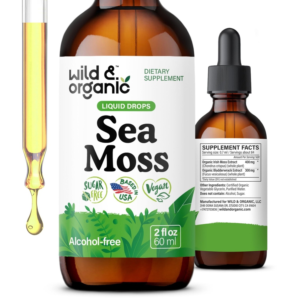 Wild &amp; Organic Sea Moss Liquid Drops - Immune Support - Irish Sea Moss and Bladderwrack Tincture - Multimineral Chondrus Crispus Supplement - Vegan, Sugar &amp; Alcohol-Free - 2 fl oz