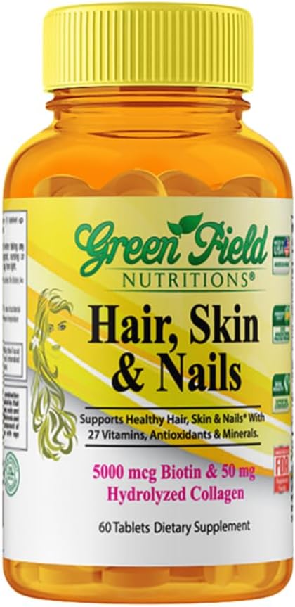 Greenfield Nutritions Halal Biotin Tablet for Adult - 60 Halal Multivitamin for Hair Skin and Nails - High potency 5000mcg Biotin with 50mg Collagen and Minerals - Gelatin Gluten Free, Non-GMO Vitamina