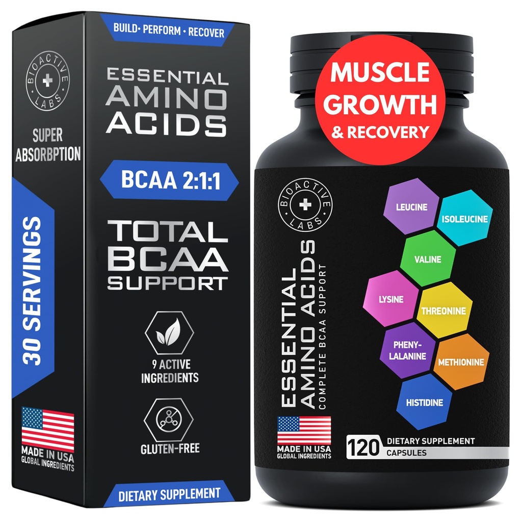 Suplemento de Aminoácidos Esenciales para Hombres - Complejo Aminoácidos Vegan BCAA para el Crecimiento Musculo con los 9 Aminos Esenciales BCAA - Adelgazamiento avanzado Power &amp; Recovery Fórmula - 120 EAA BCAA Pills