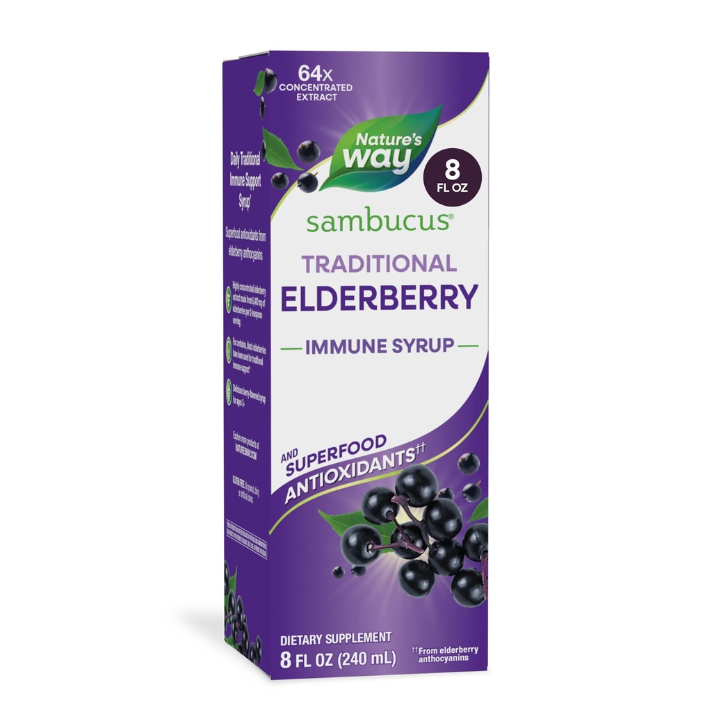 Camino de la Naturaleza Sambucus Elderberry Tradicional de jarabe Inmune, Extracto de Elderberry Negro Altamente Concentrado, Apoyo Inmunitario Tradicional*, Delicious Berry Flavored, 8 Fl Oz (Packaging May Vary)