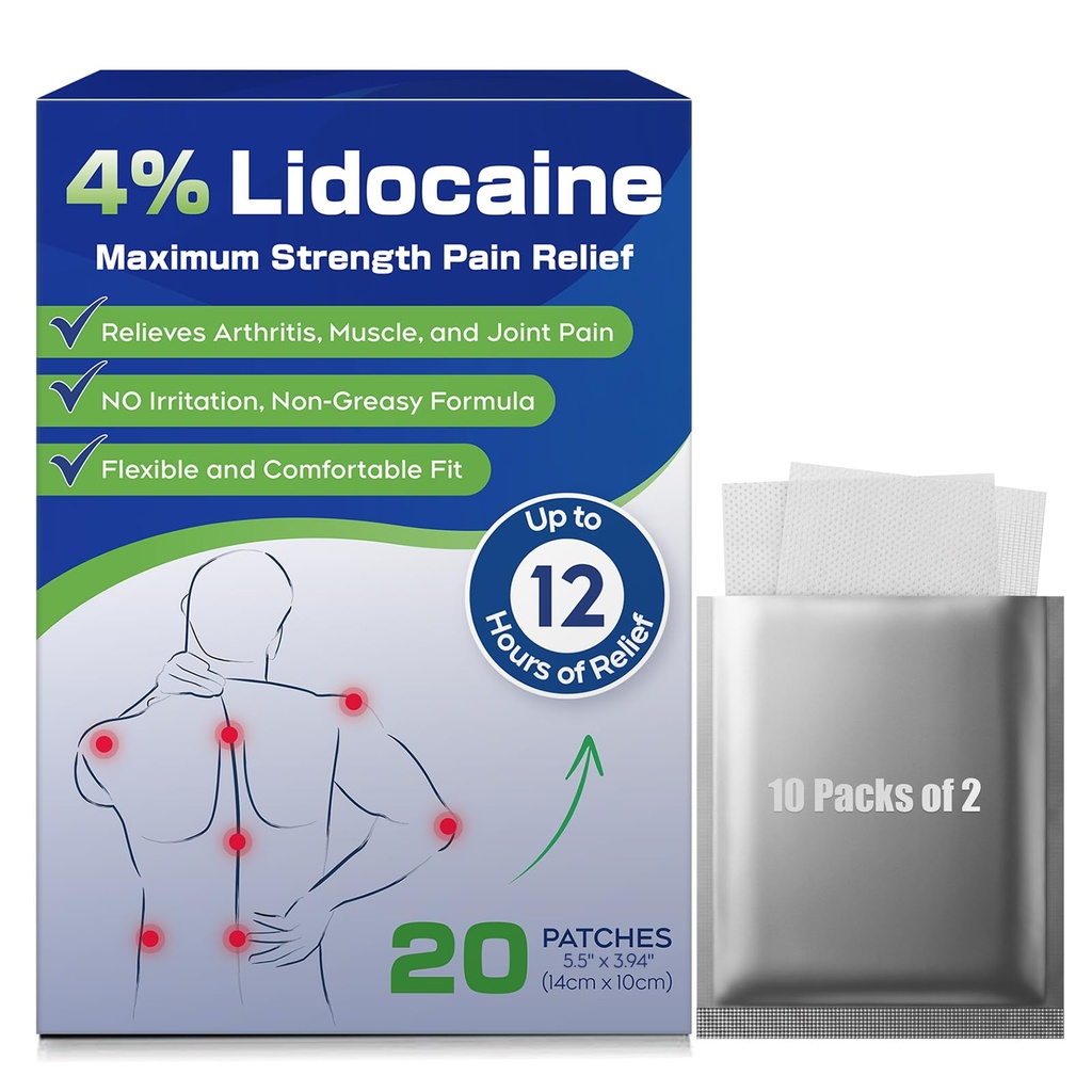 Uposiut 4% Lidocaine Patches, 20 Conde Patches Maximum Strength Lidocaine Patches (20 Patches), para Muscle Pain Relief en el cuello, hombros, espalda, rodillas y hormigas, 12 horas Dolor de alivio-012345