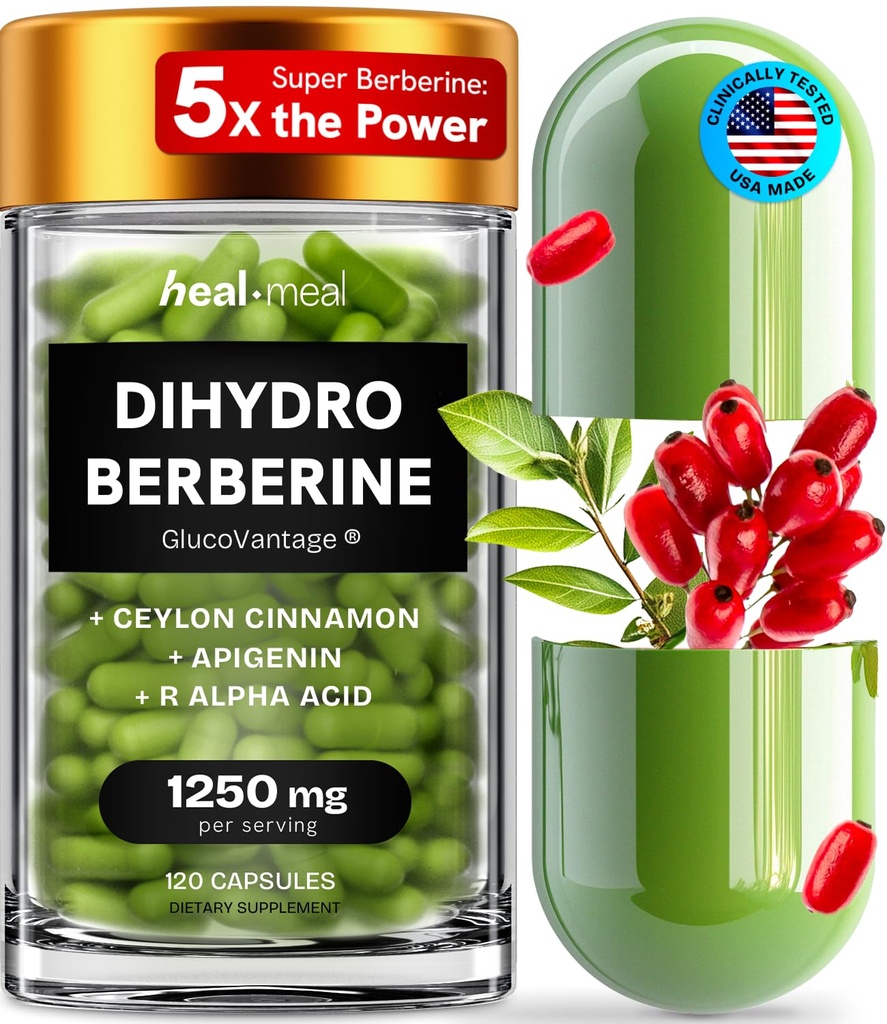 Suplemento Dihydroberine - Dehydro Berberine Orgánica - Super Berberine Suplemento con Ceilán Cinnamon &amp; R Alpha Lipoic Acid &amp; Apigenin - Hydroberine 120 caps (1 Pack)