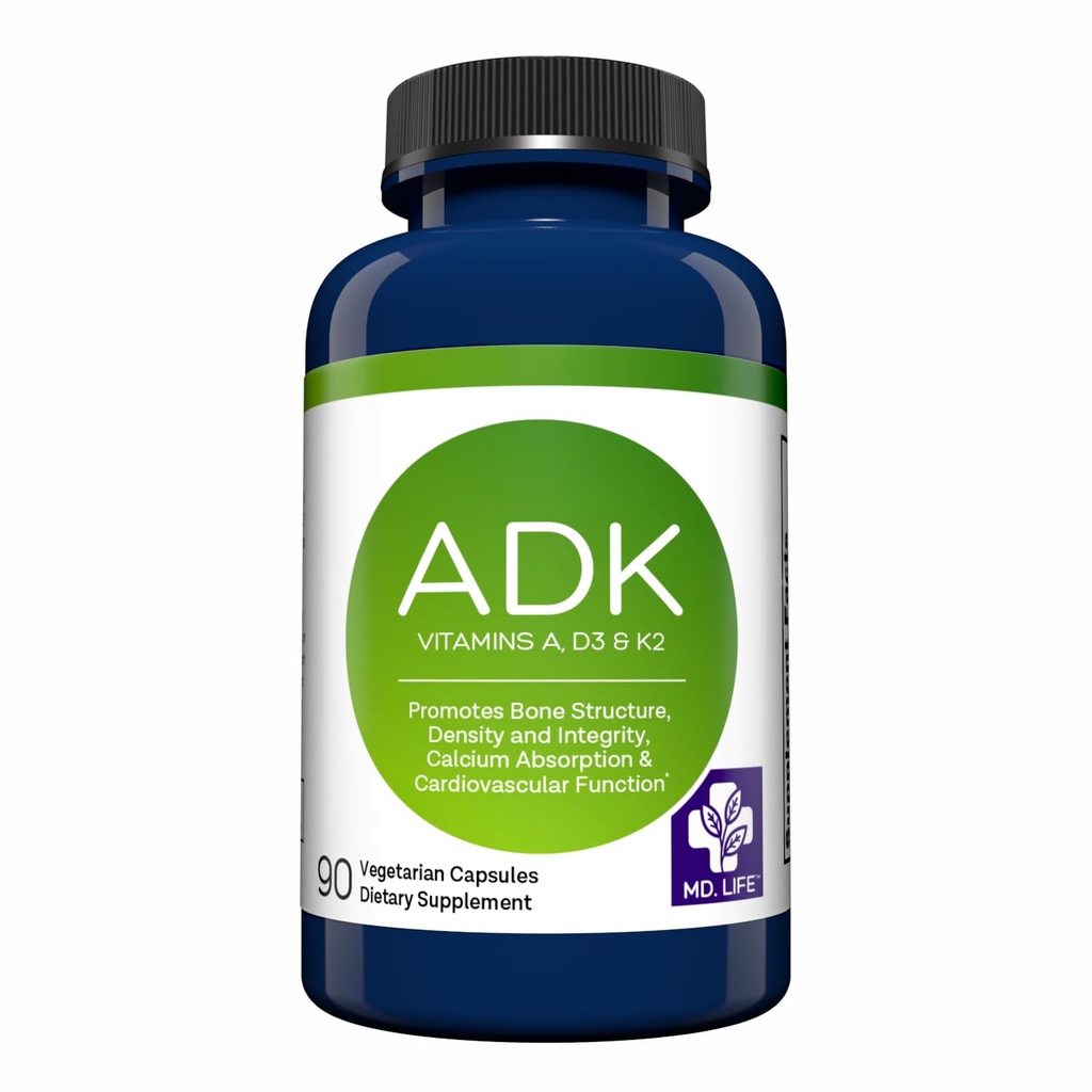 MD.LIFE ADK Suplemento de vitamina – Vitamina D3 K2 y Complejo – 120 cápsulas – Vitamina de alta potencia ADK para el soporte de salud ósea y cardíaca
