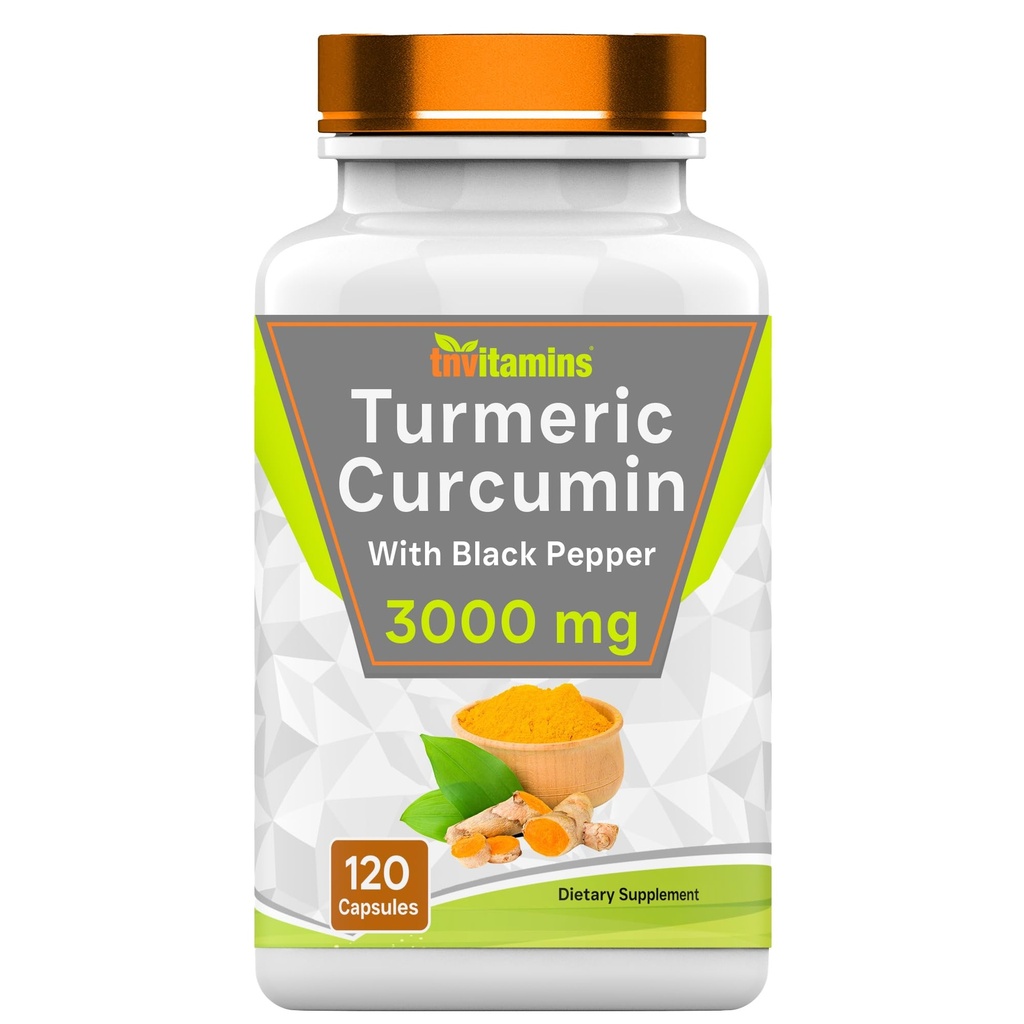 tnvitamins Turmeric Curcumin Capsules with Black Pepper TEN 3000 MG - 120 Capsules ← Extra Strength Golden Turmeric Curcumin Suplemento ← Non-GMO Silencio Producido en Los Estados Unidos