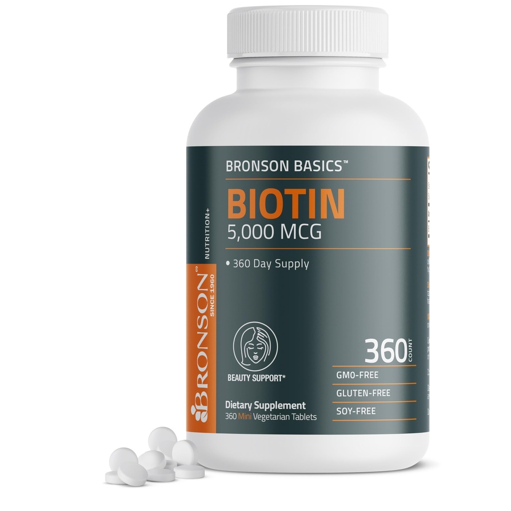 Bronson Biotin 5,000 MCG apoya el cabello saludable, la piel " uñas " producción de energía - alta potencia de apoyo de la belleza - no GMO, 360 tabletas vegetarianas