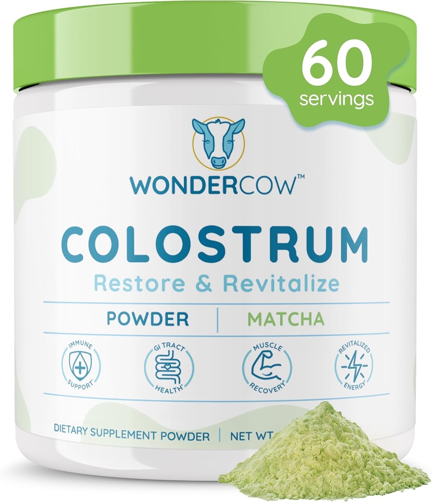 Colostrum Suplemento Polvo para Gut Health, Immune Support, Muscle Recovery & Wellness ¦ Natural IgG Puro Bovine Superfood, Matcha, 60 Servings
