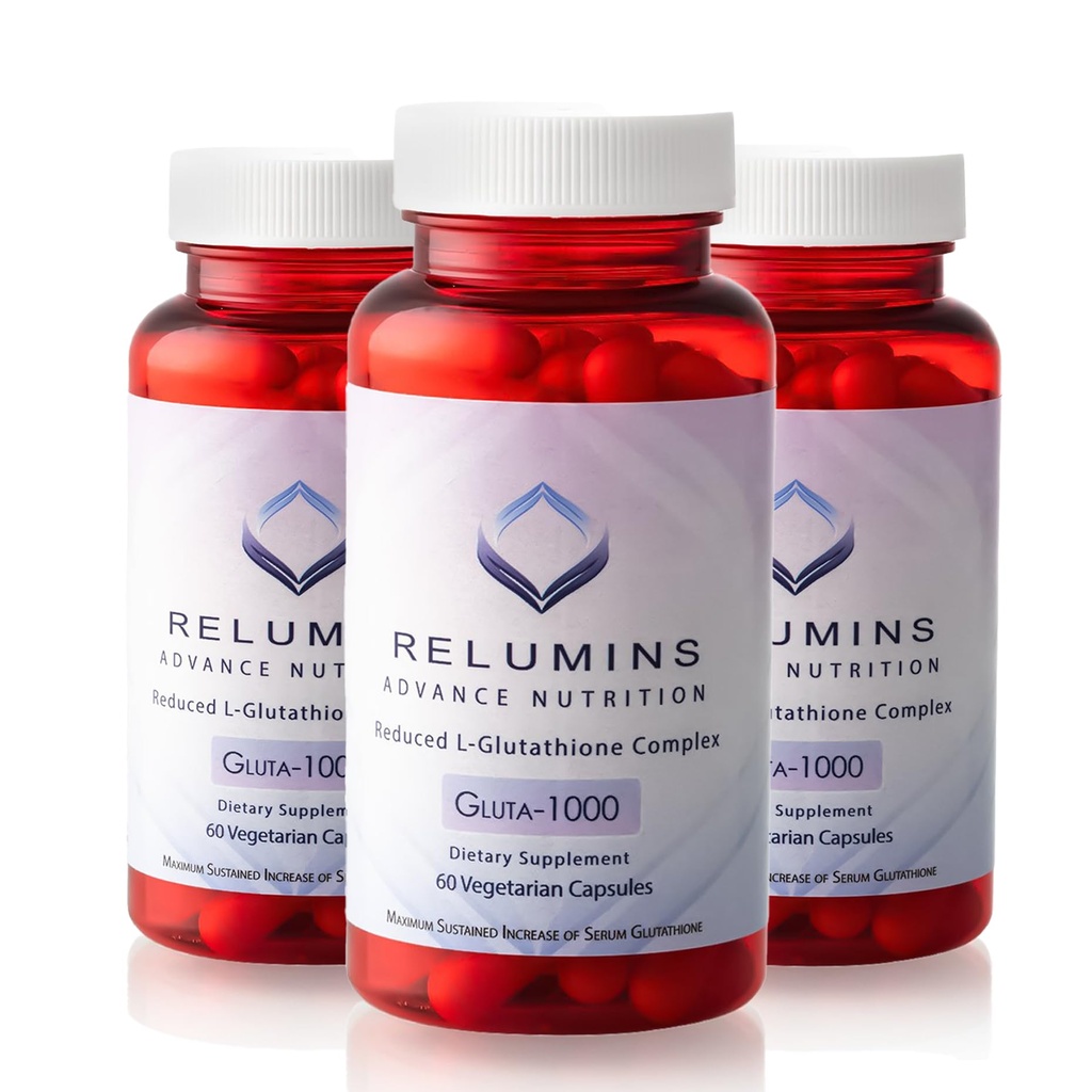 Reluminas Advance Nutrition Gluta 1000 - Reducido L-Glutathione, Alfa Lipoic Acid &amp; Rose HIPS - Antioxidant Support for Skin &amp; General Wellness - 60 Veg Capsules x 3 Botellas (90-Day Supply)