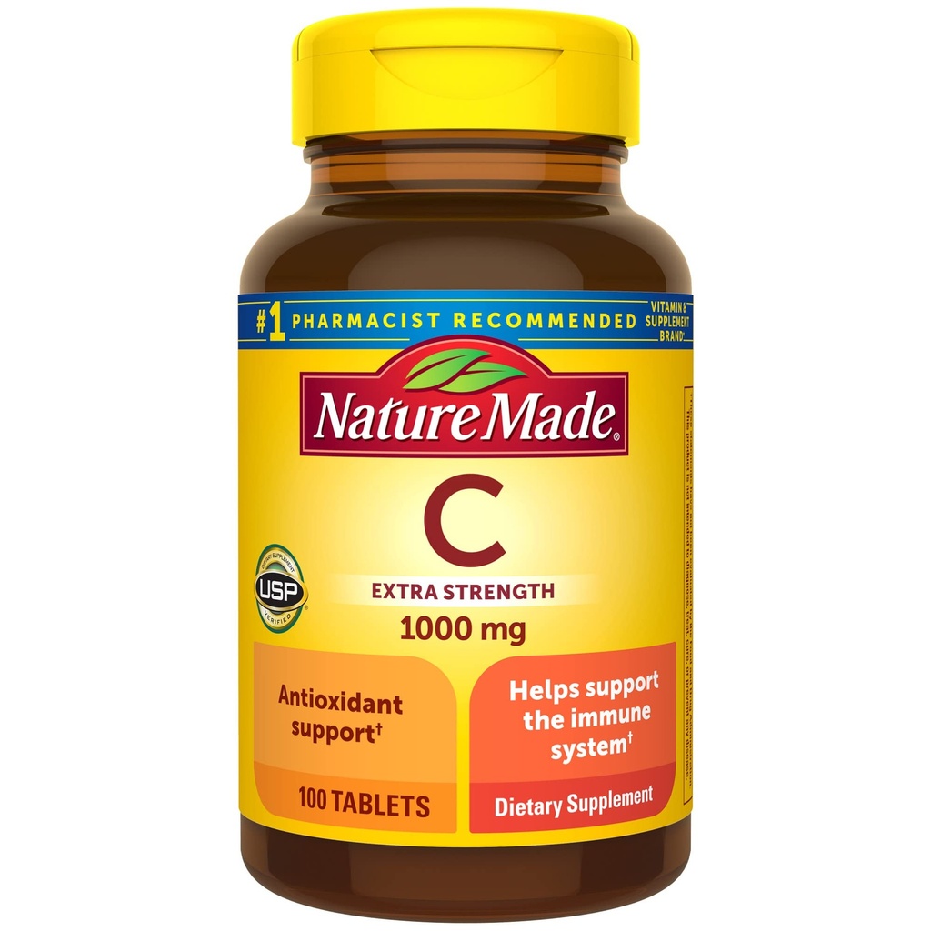 Nature Made Extra Strength Vitamin C 1000 mg, Suplemento dietético para soporte de inmuno, 100 Tablets, 100 Day Supply