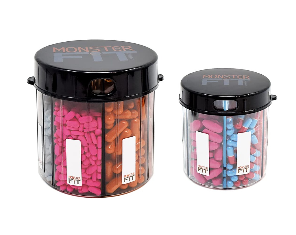 Monster &amp; Monster Jr Suplemento Dispensadores de la pila de medicamentos 2 Pack con etiquetas, Botellas extra grandes y pequeñas de la manija casi cualquier suplemento, fácil de dispensar (Monster &amp; Monster Jr.)