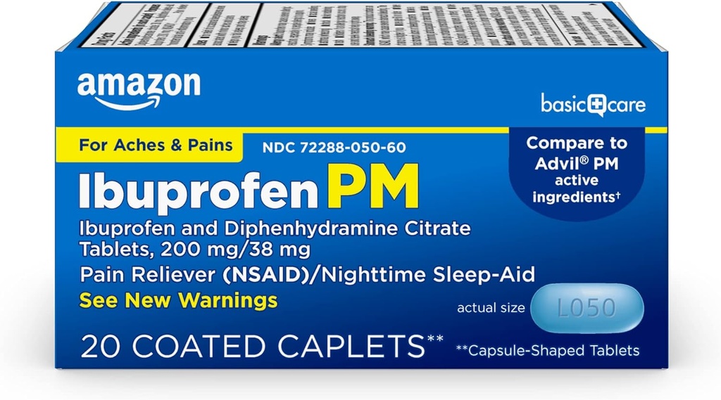 Amazon Basic Care Ibuprofeno PM, Ibuprofeno 200 mg y Diphenhydramine Citrate 38 mg Tablets, Dolor Relieve y Noche Sleep-Aid, 20 Cuenta