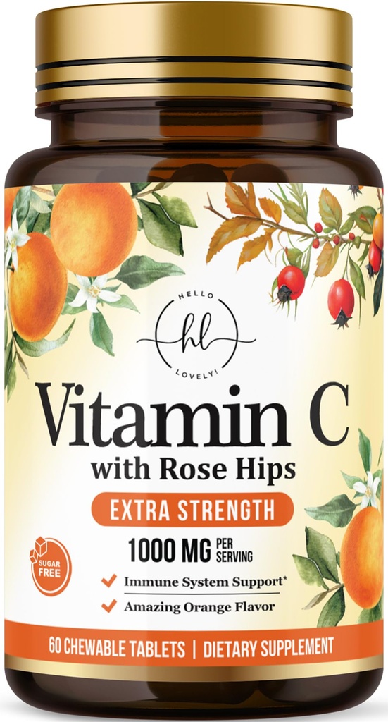 Vitamina C Suplemento 1000mg - Extra Fuerza con Rose Hips Bioflavonoids - Sugar Vitamina C Píldoras Chewable, Vit C de la Naturaleza para Apoyo Inmunitario y Protección Antioxidante - 60 Tabletas Chewable