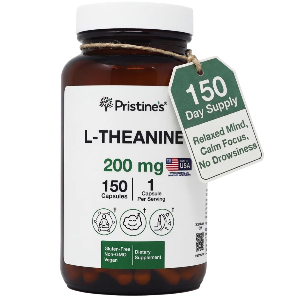 PRISTINE'S L Theanine Sleep Quality Support Amino Acid Suplemento - 200MG 150 Day Supply - Relaxation &amp; Mood Support Capsules - Vegan Non-GMO &amp; Gluten Free