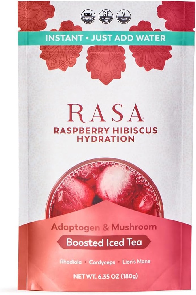 Rasa Raspberry Hibiscus Hydration ¦ Organic Boosted Iced Tea with Adaptogens and Mushrooms TEN Gluten-Free, Premium Electrolyte Powder Drink Mix, Refreshing Hydration (6 oz / 24 Servings)