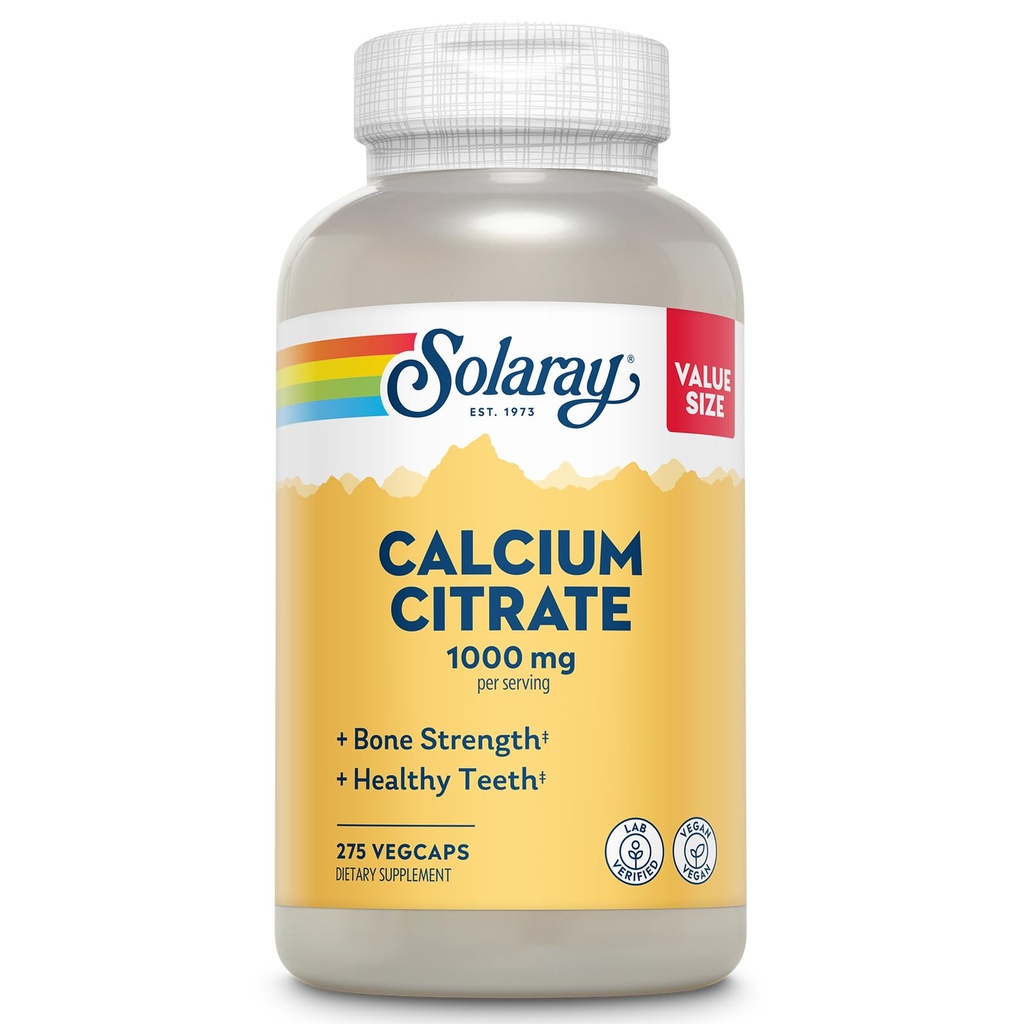 Solaray Calcium Citrate 1000mg - Suplemento de calcio Chelated - Soportes Bone Strength y dientes saludables - Fácil de digerir - Garantía de 60 días, Vegan - 68 Servimientos, 275 VegCaps