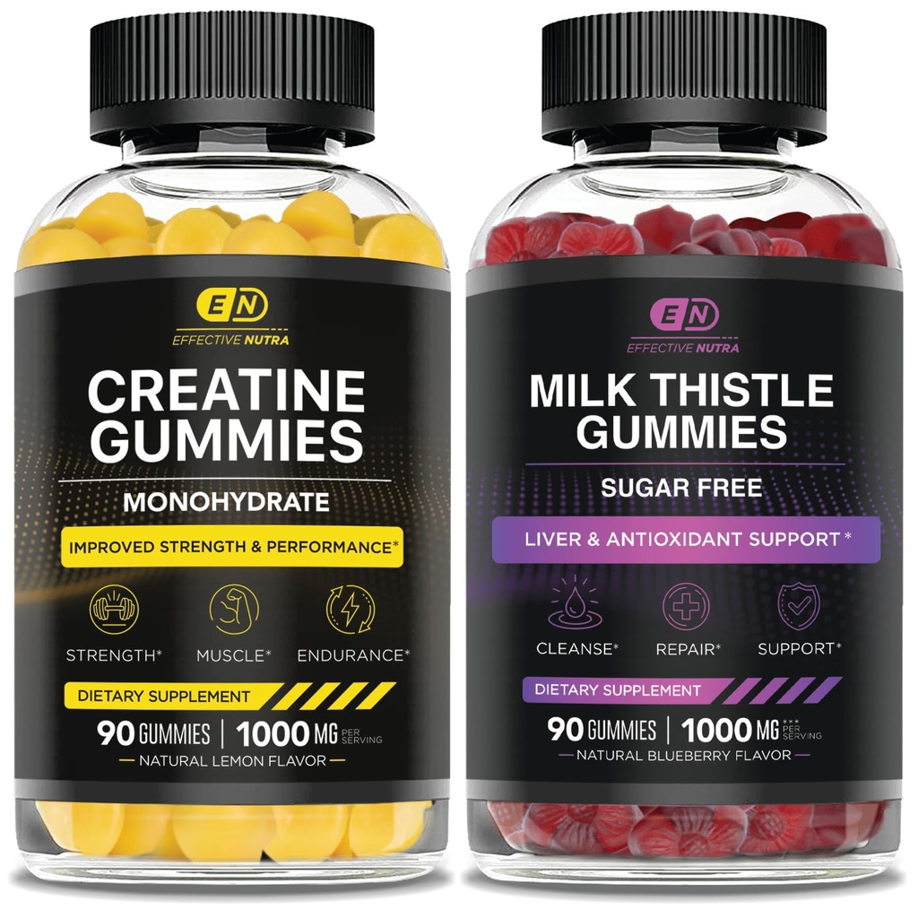 EFFECTIVE NUTRA Creatine Monohydrate Gummies 90ct &amp; Sugar Free Milk Thistle Gummies 90ct
